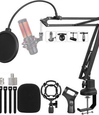 Boom Arm Suspension Mic Heavy Duty Microphone Arm for Blue Yeti, Hyperx Quadcast, Adjustable Boom Mic Stand Desk with Pop Filter, 1/4“-3/8“-5/8“ Adapter, Mic Mounts,Broadcast