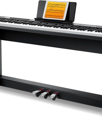 Donner Digital Piano Keyboard Velocity-Sensitive 88 Keys with Removable Piano Stand, Compact Beginner Home Electric Piano with Split Mode, LCD Screen, and Triple Pedal DEP-08