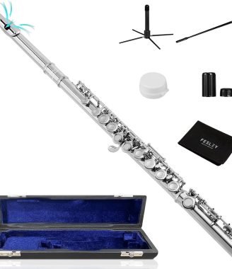 Fesley Silver Plated Closed Hole C Flute, Musical Instruments Flute for Student Beginner Band, 16 Keys Flutes with Flute Case, Cleaning Cloth, Stand, Joint Grease, Cleaning Rod