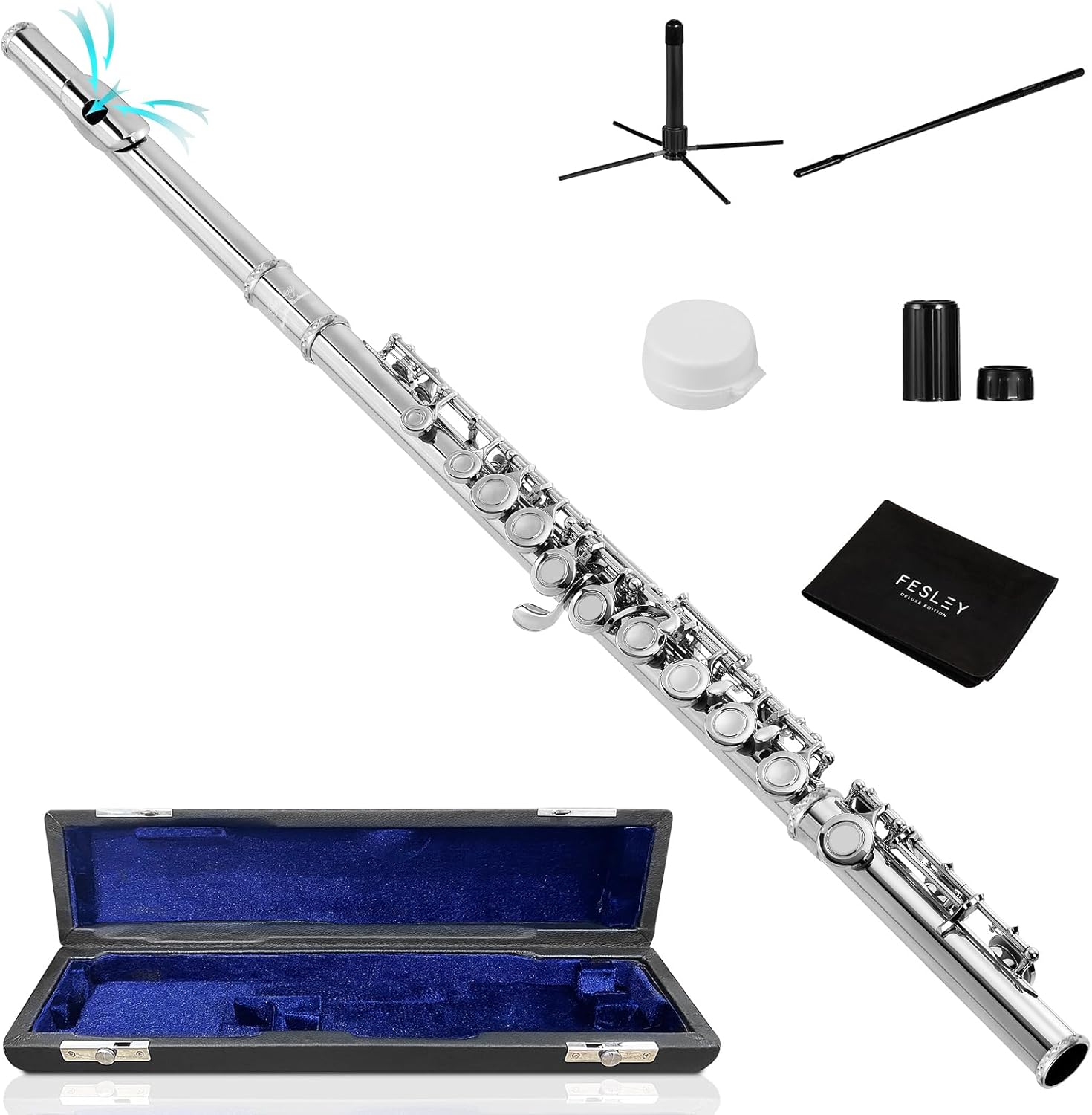 Fesley Silver Plated Closed Hole C Flute, Musical Instruments Flute for Student Beginner Band, 16 Keys Flutes with Flute Case, Cleaning Cloth, Stand, Joint Grease, Cleaning Rod
