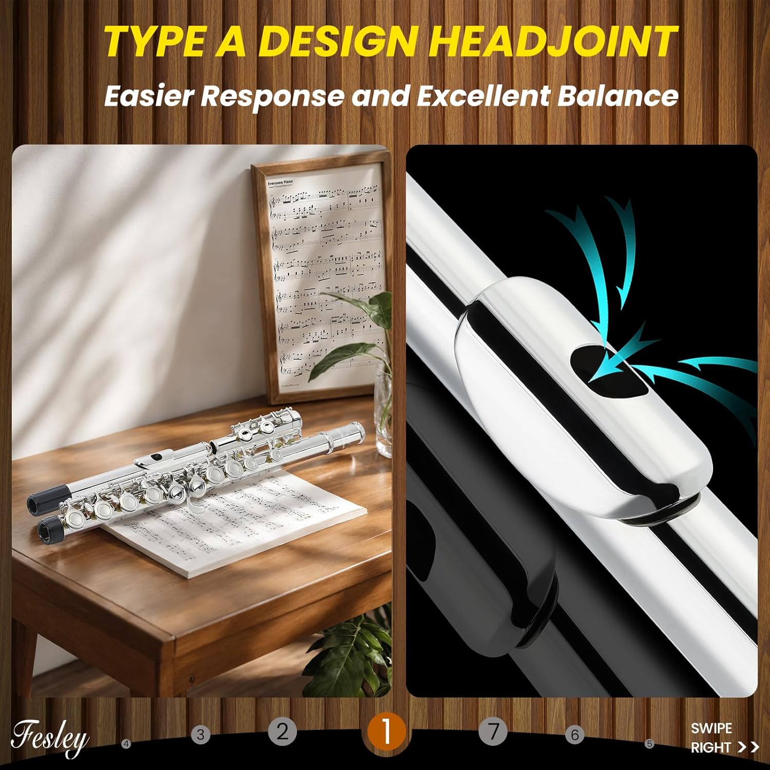 Fesley Silver Plated Closed Hole C Flute, Musical Instruments Flute for Student Beginner Band, 16 Keys Flutes with Flute Case, Cleaning Cloth, Stand, Joint Grease, Cleaning Rod - Image 2