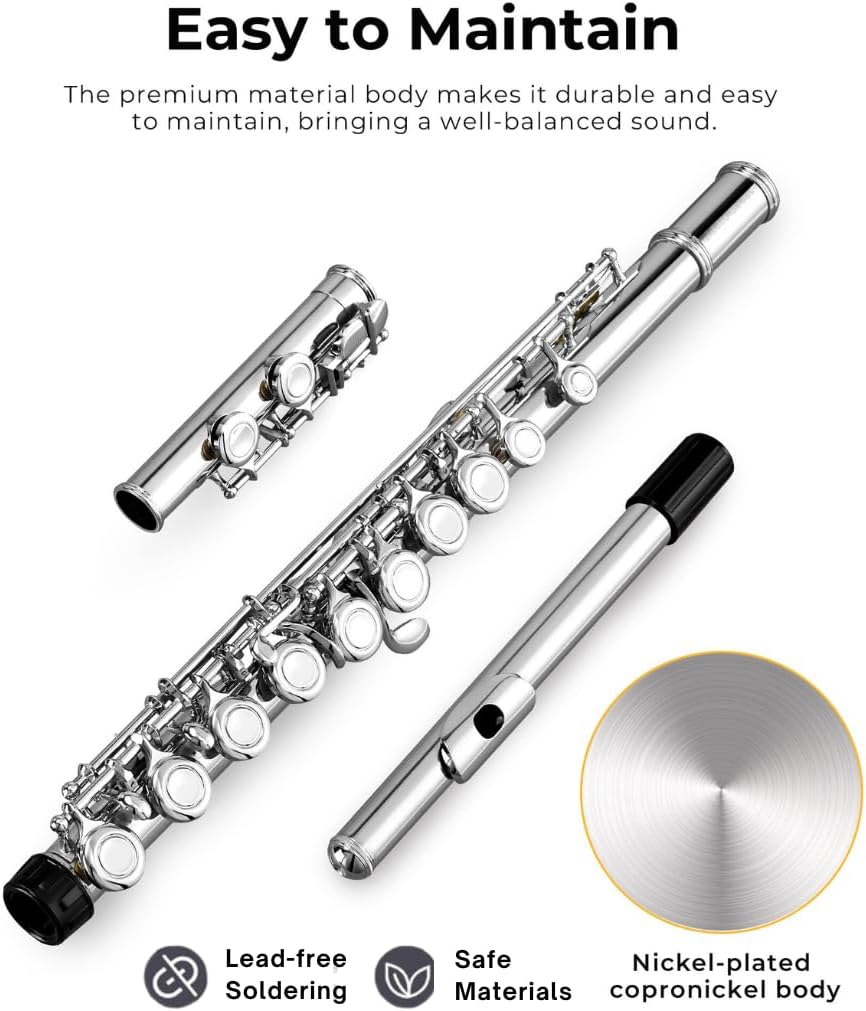 Nickel Plated Closed Hole Flute for Beginner Student and School Orchestra Band, 16 Keys C Flute with Carrying Case, Stand, Gloves, Cleaning Kit & Tuning Rod and More - Image 2